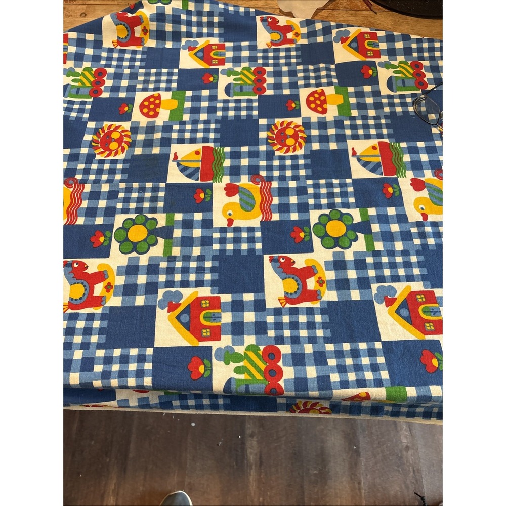 Vintage 70s Kids Train Horse Fabric 2 Yards 10 Inches Cotton Duck Blue Checker